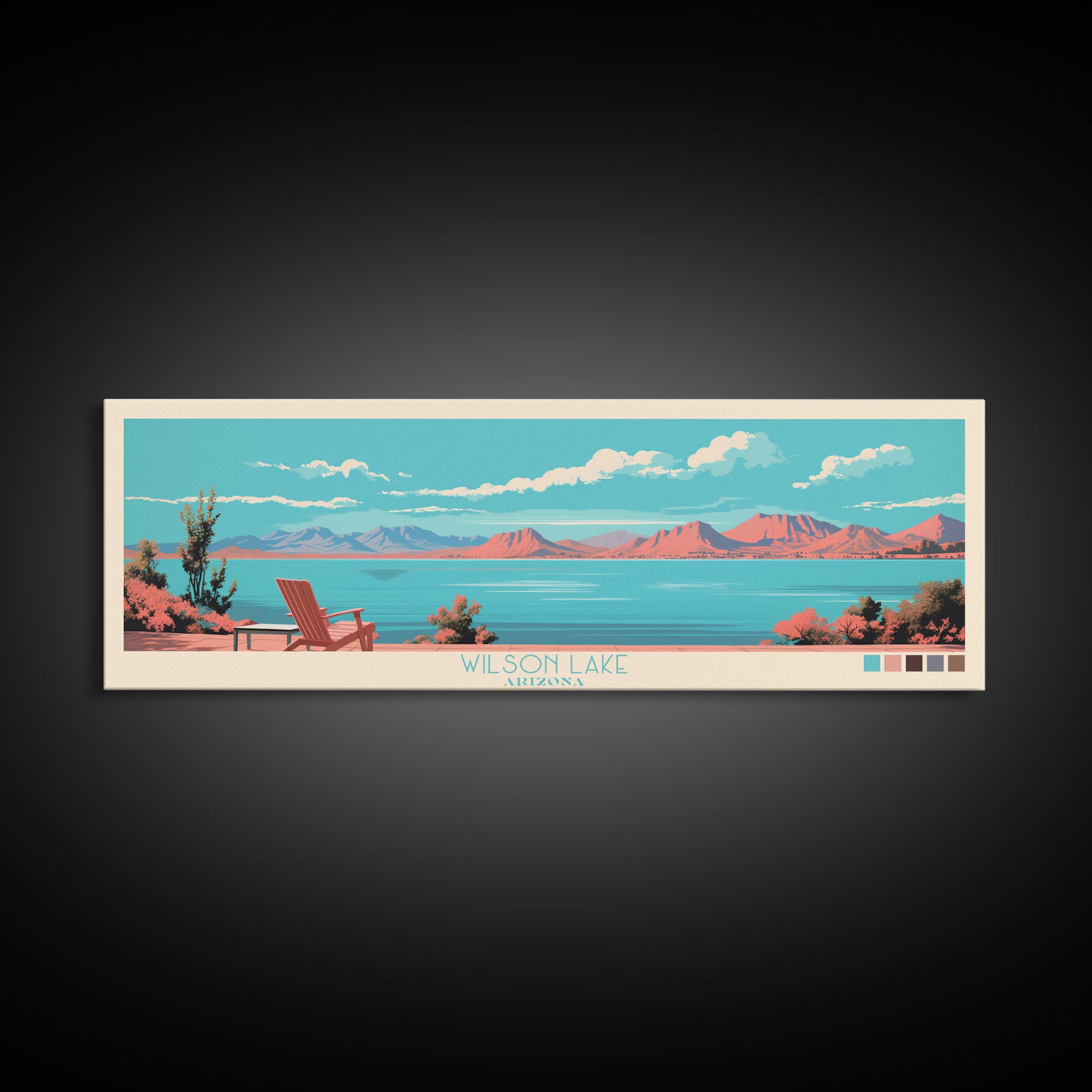 Wilson Lake, Arizona Framed Canvas Print, Panoramic Lake House Art, Midcentury Modern Decor, Pop Art, Travel Poster, Wall Art