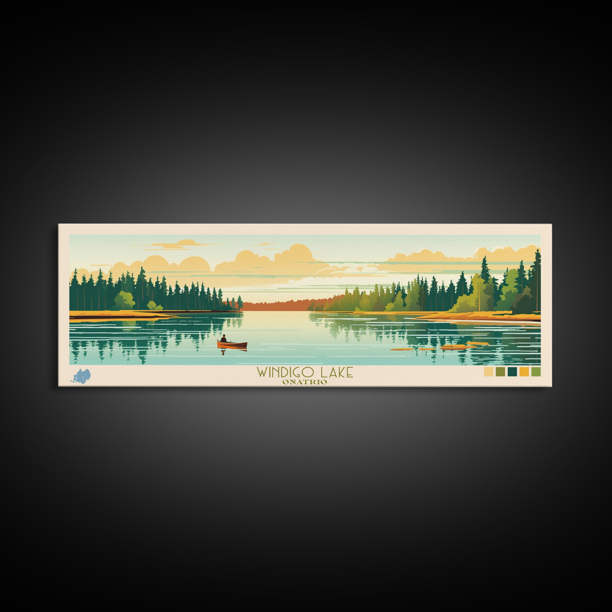 Windigo Lake, Ontario Panoramic Framed Canvas Print, Lake House Decor, Midcentury Modern Art, Pop Art, Travel Poster