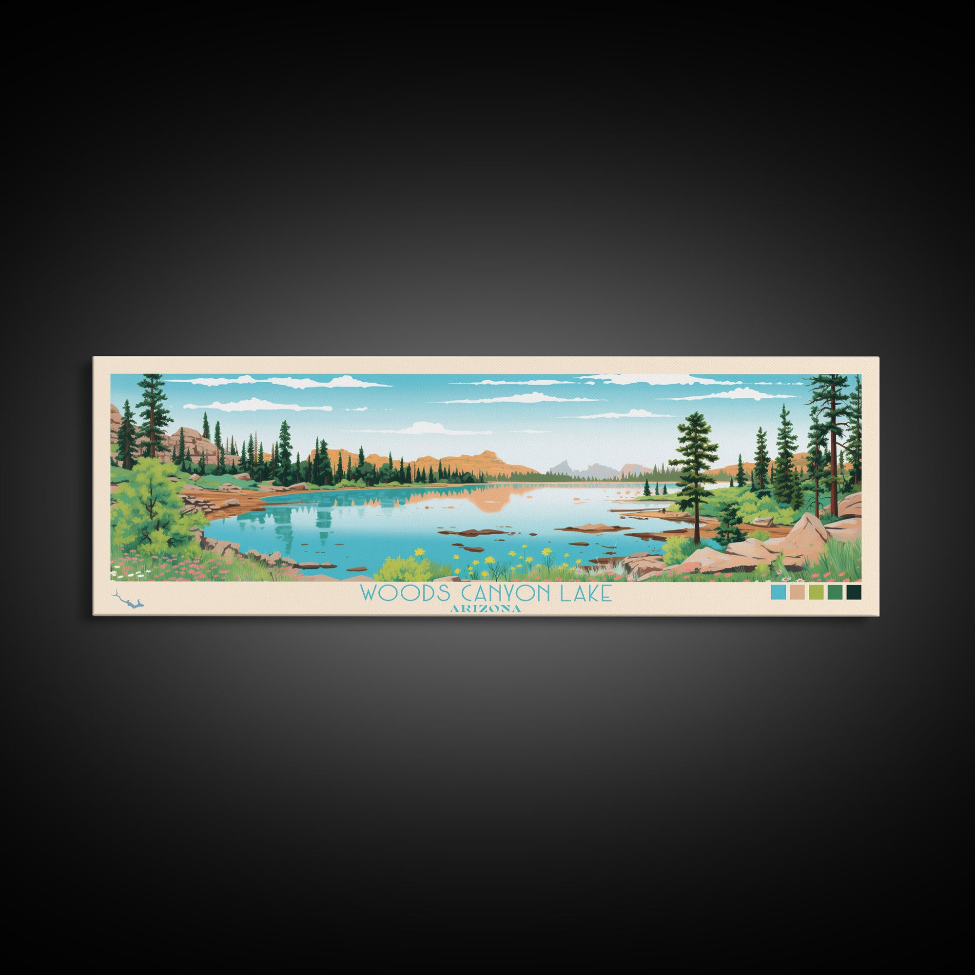 Woods Canyon Lake, Arizona Panoramic Framed Canvas Print, Lake House Art, Midcentury Modern Decor, Pop Art, Travel Poster