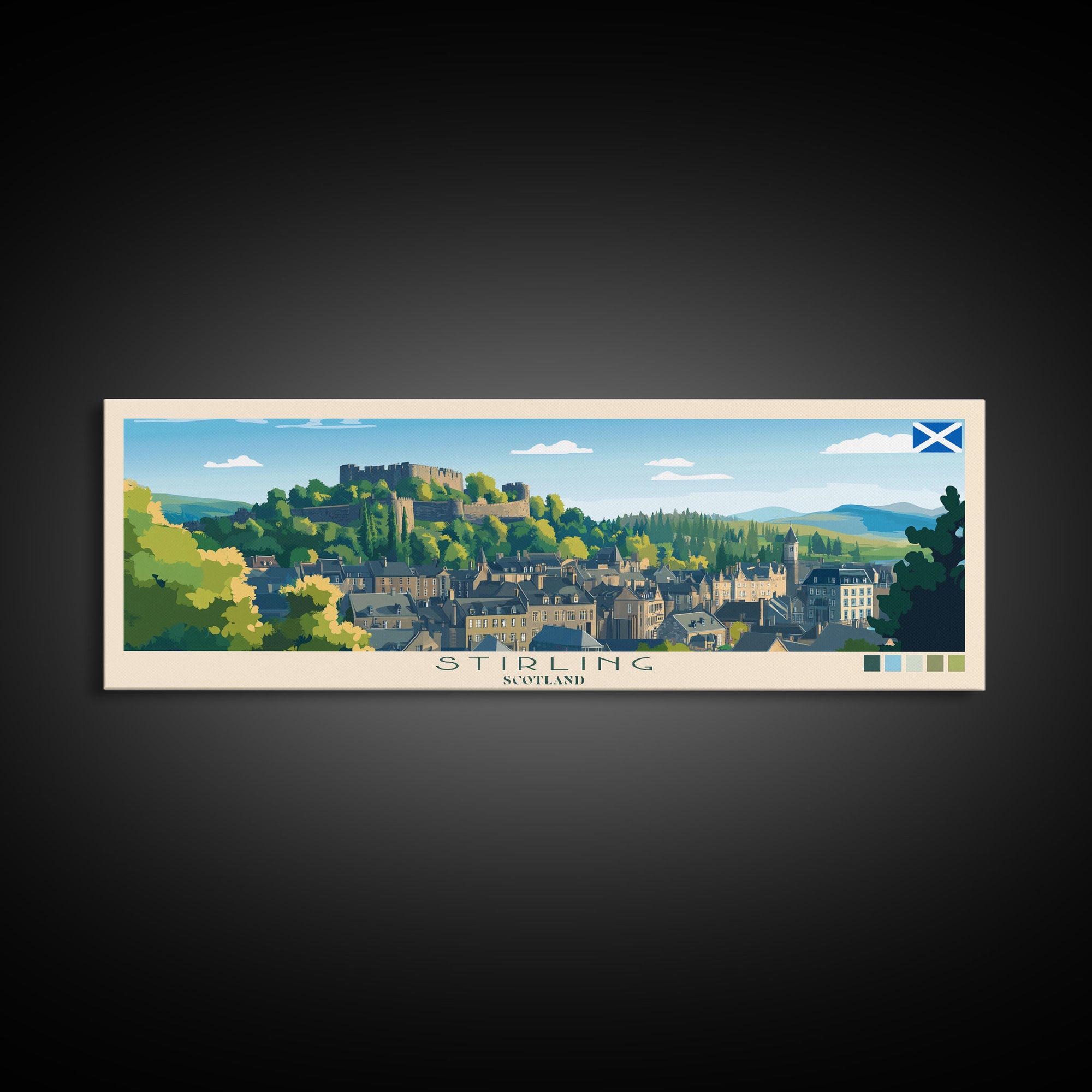 Stirling, Scotland Panoramic Travel Poster Canvas Print, Stirling, Scotland Painting, Scotland Art, Stirling Panoramic Travel Art, Travel Painting