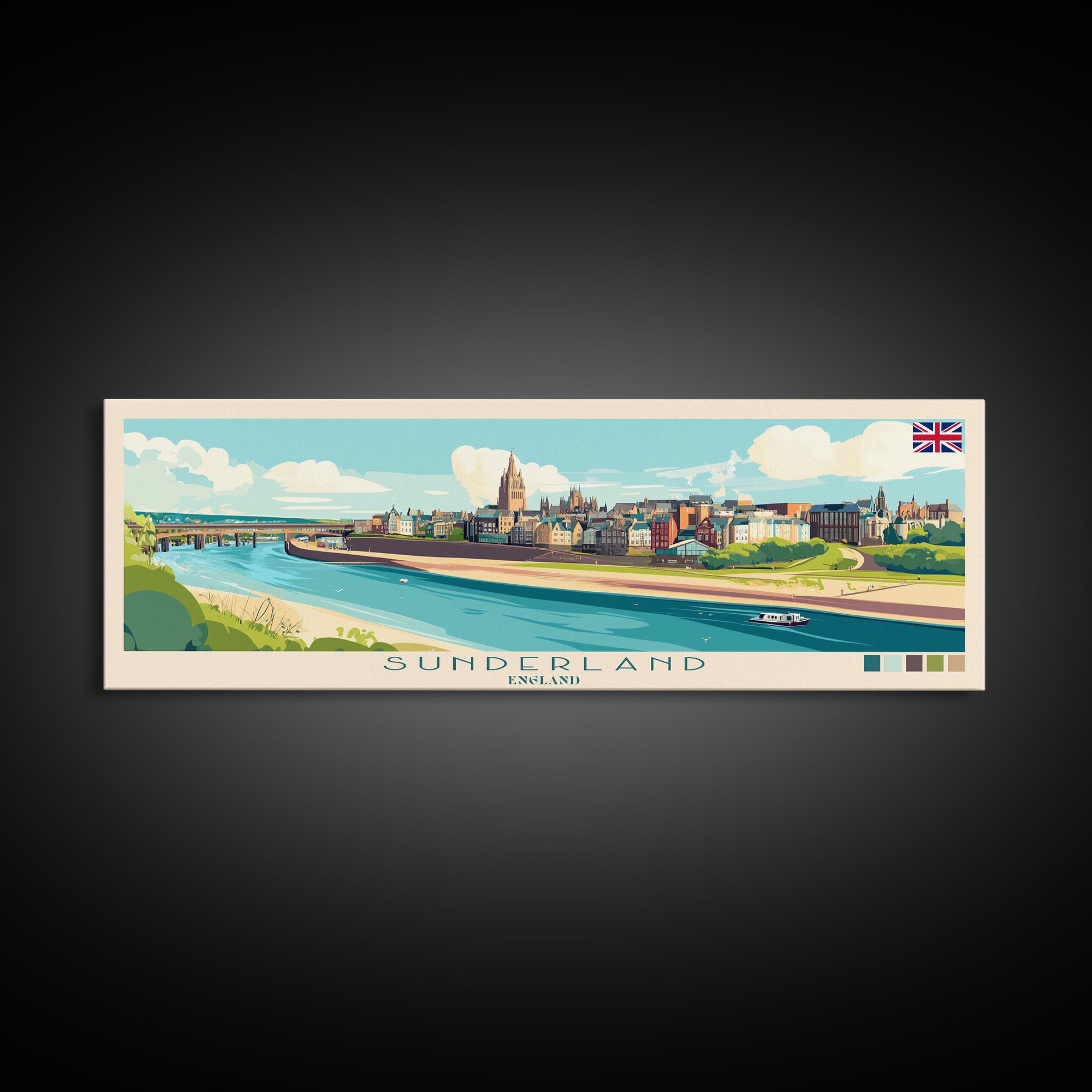 Sunderland, England Panoramic Travel Poster Canvas Print, Sunderland, England Painting, England Art, Sunderland Travel Art, Guest Room Painting