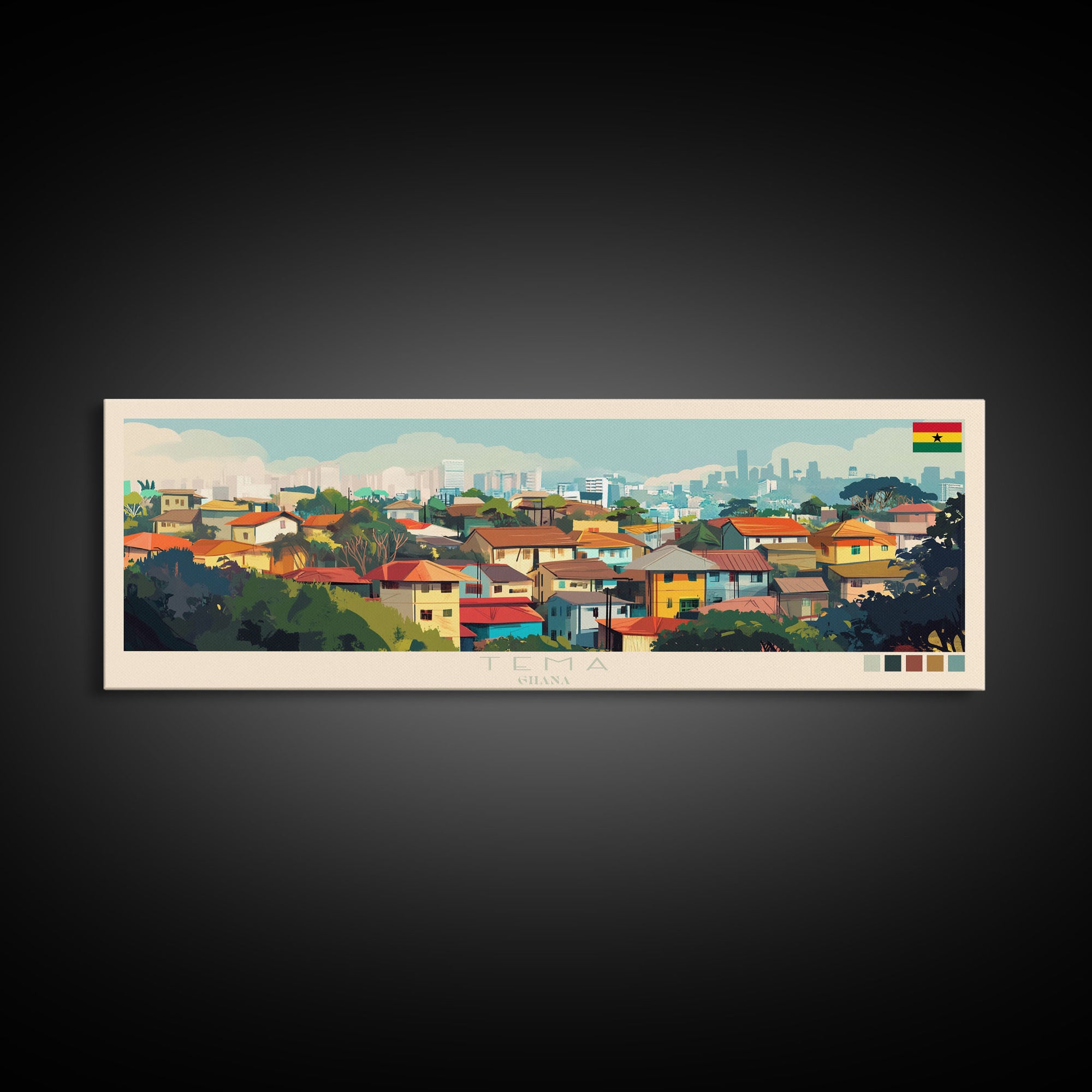 Tema, Ghana Panoramic Travel Poster Canvas Print, Tema, Ghana Painting, Ghana Art, Tema Panoramic Travel Art, Travel Painting