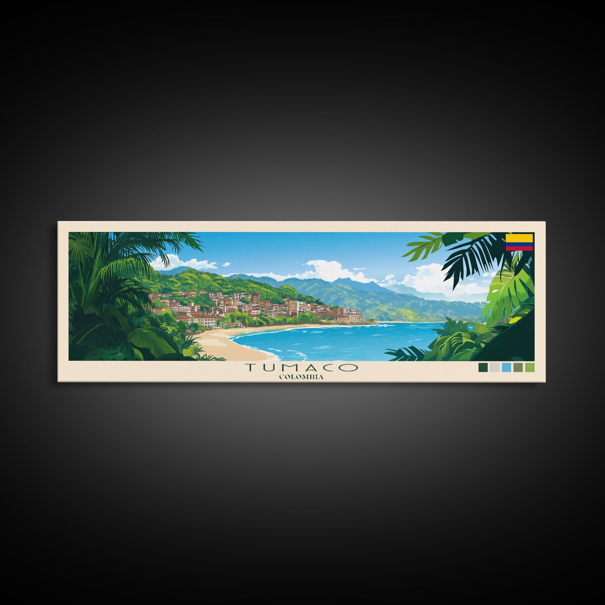 Tumaco, Colombia Panoramic Travel Poster Canvas Print, Tumaco, Colombia Painting, Colombia Art, Tumaco Panoramic Travel Art, Travel Painting