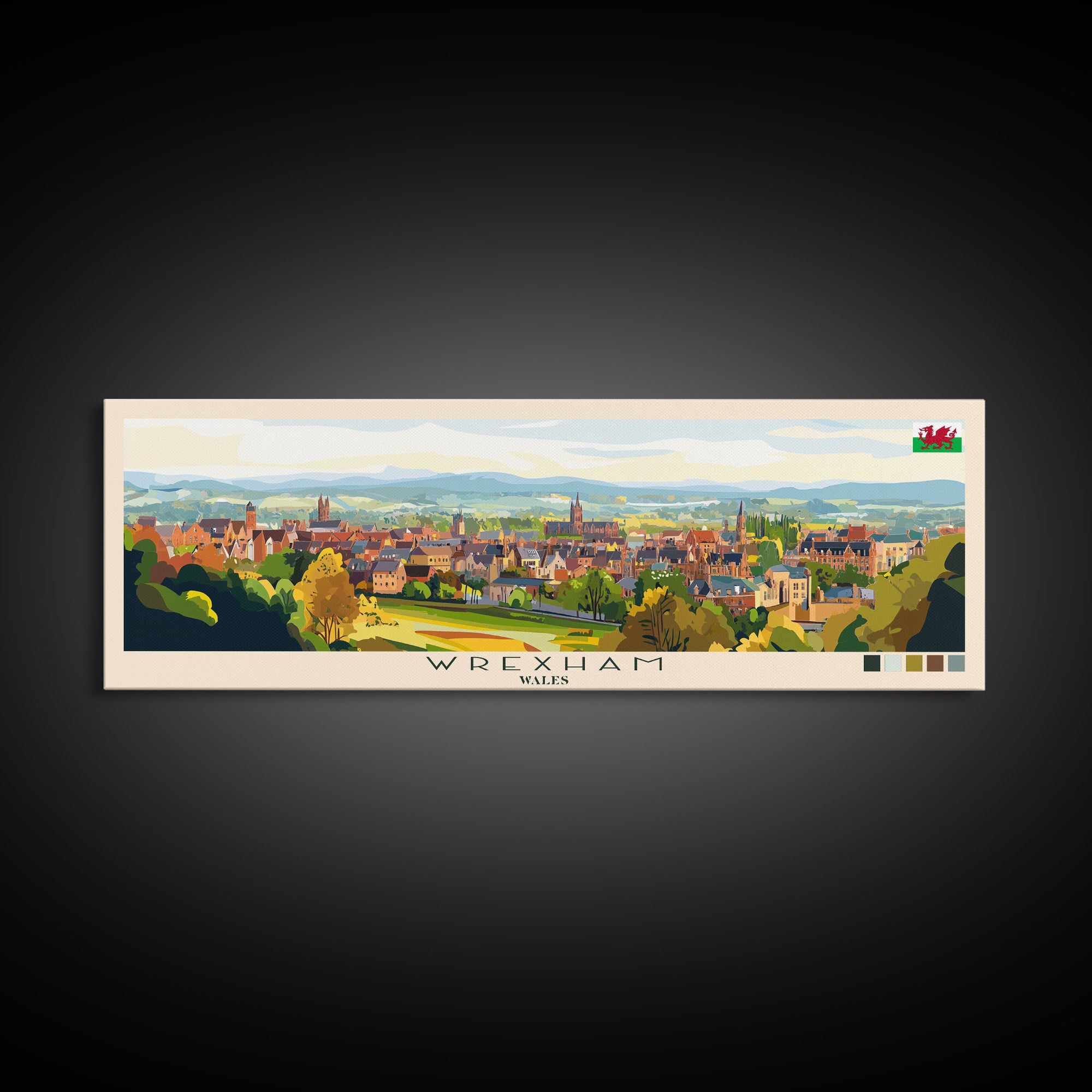 Wrexham, Wales Panoramic Travel Poster Canvas Print, Wrexham, Wales Painting, Wales Art, Wrexham Travel Art, Living Room Painting