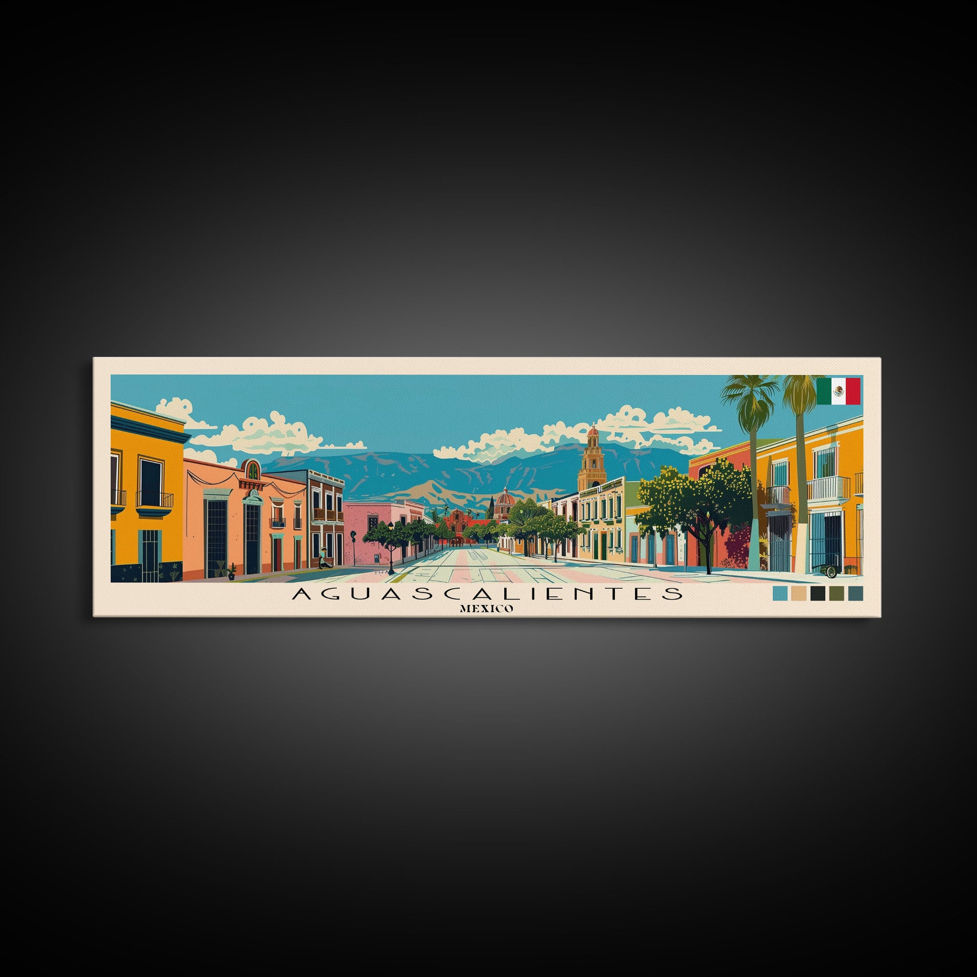 Aguascalientes, Mexico Panoramic Canvas Print, Aguascalientes, Mexico Painting, Mexico Art, Aguascalientes Travel Poster, Travel Art, Guest Room Painting