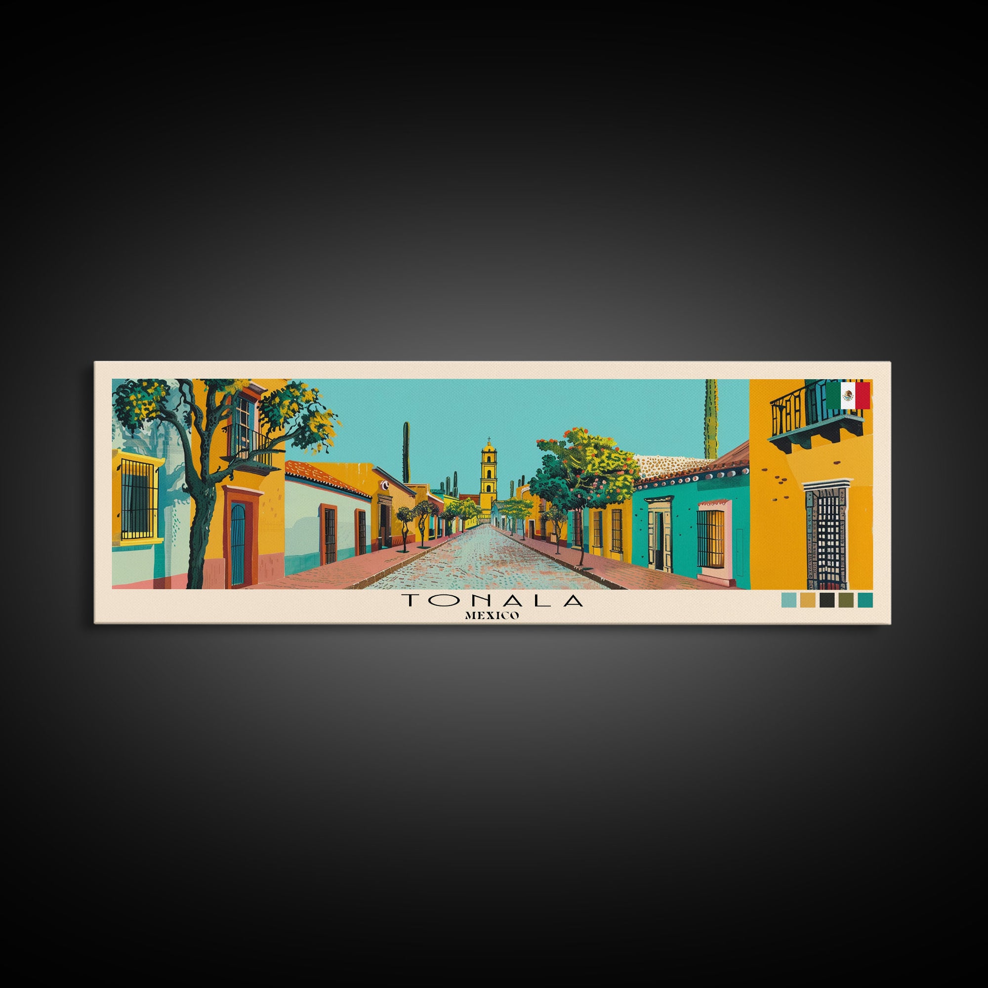 Tonala, Mexico Panoramic Canvas Print, Tonala, Mexico Painting, Mexico Art, Tonala Travel Poster, Travel Art, Guest Room Painting