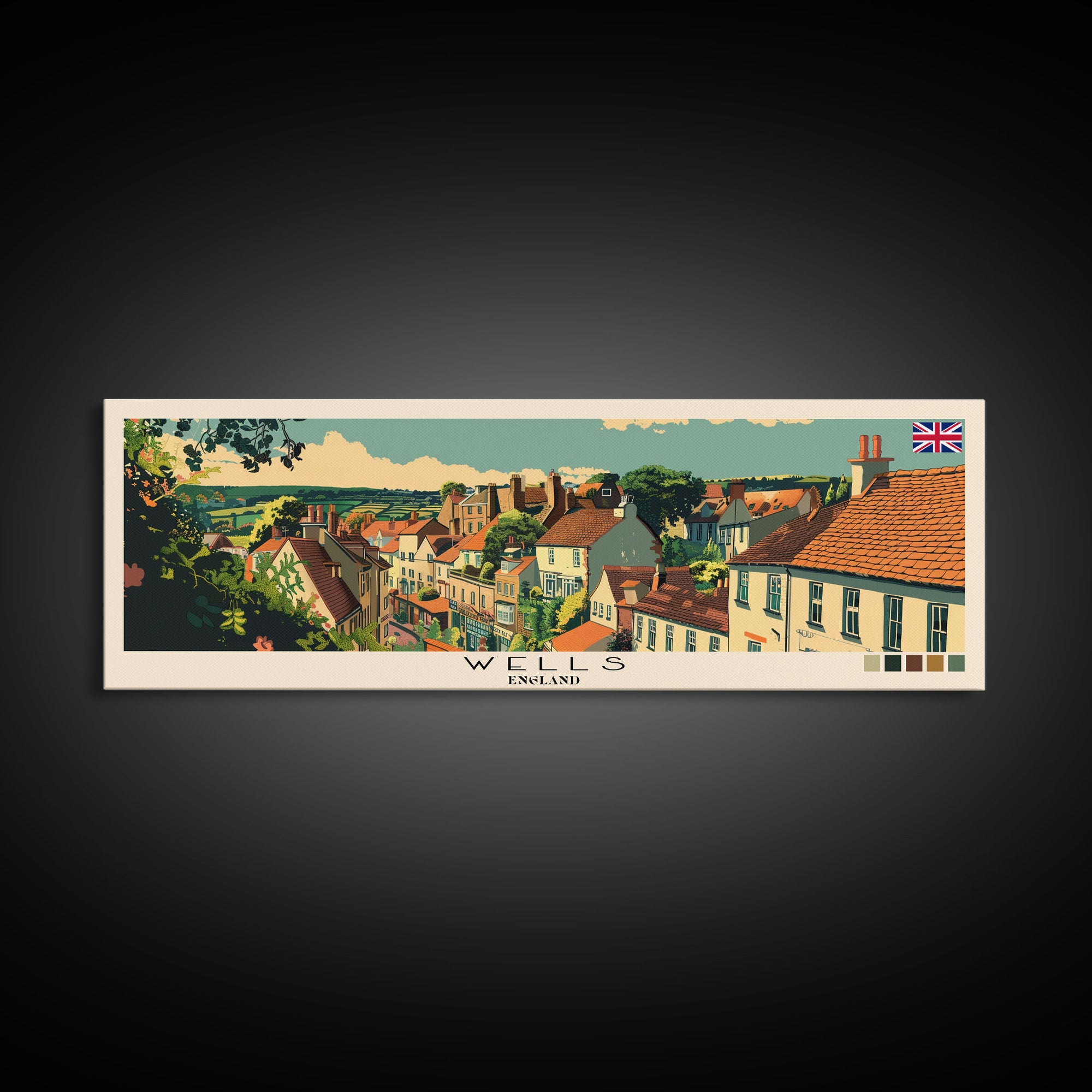 Wells, England Panoramic Canvas Print, Wells, England Painting, England Art, Wells Travel Poster, Travel Art, Guest Room Painting