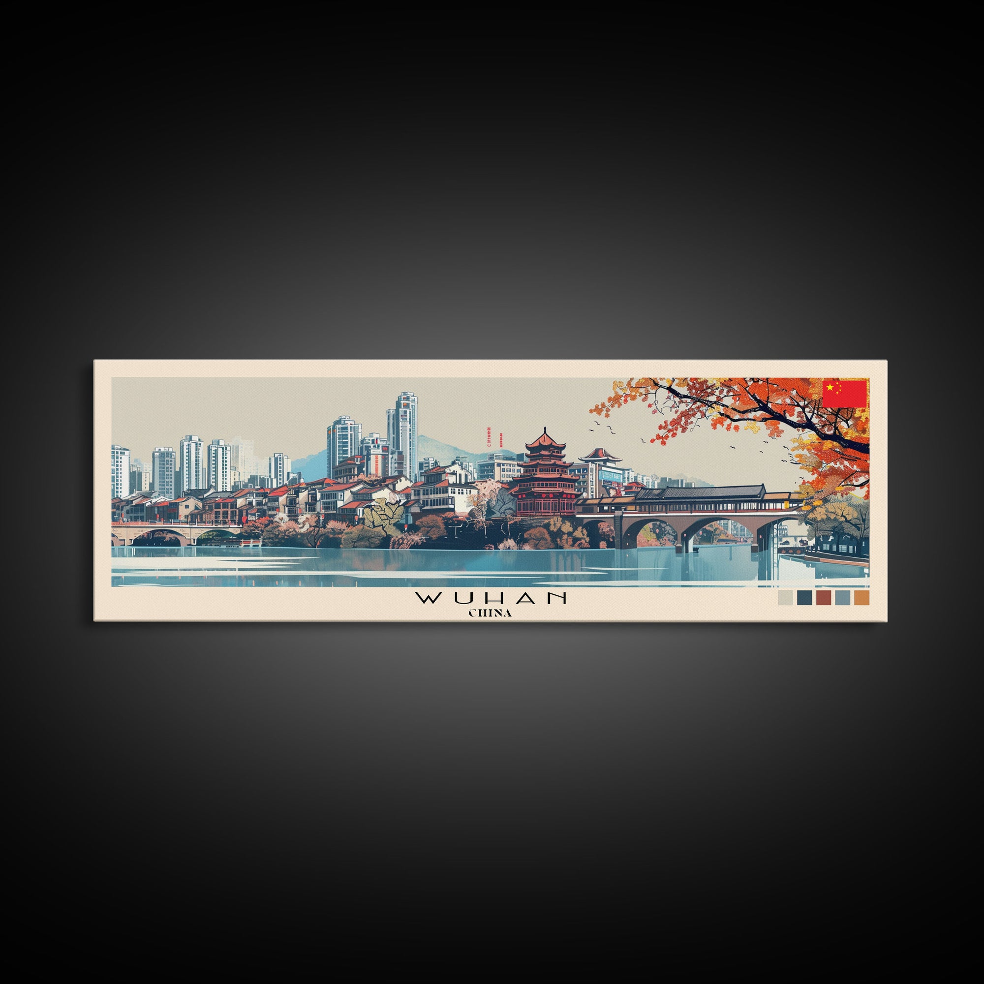 Wuhan, China Panoramic Canvas Print, Wuhan, China Painting, China Art, Wuhan Travel Poster, Travel Art, Vacation Gift