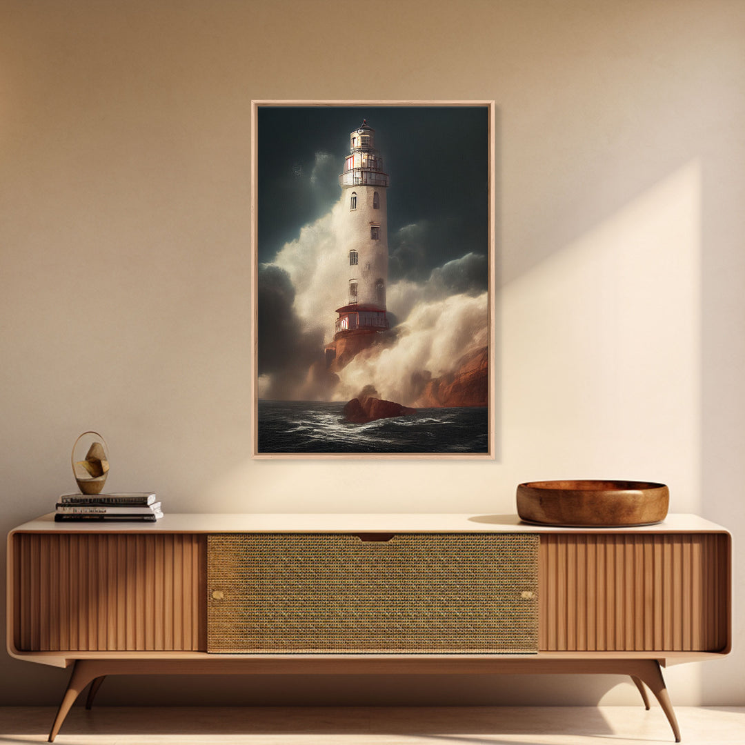 Lighthouse In A Hurricane, Storm Art, Framed Canvas Print, Ready To Hang Framed Wall Art, Living Room Wall Hanging