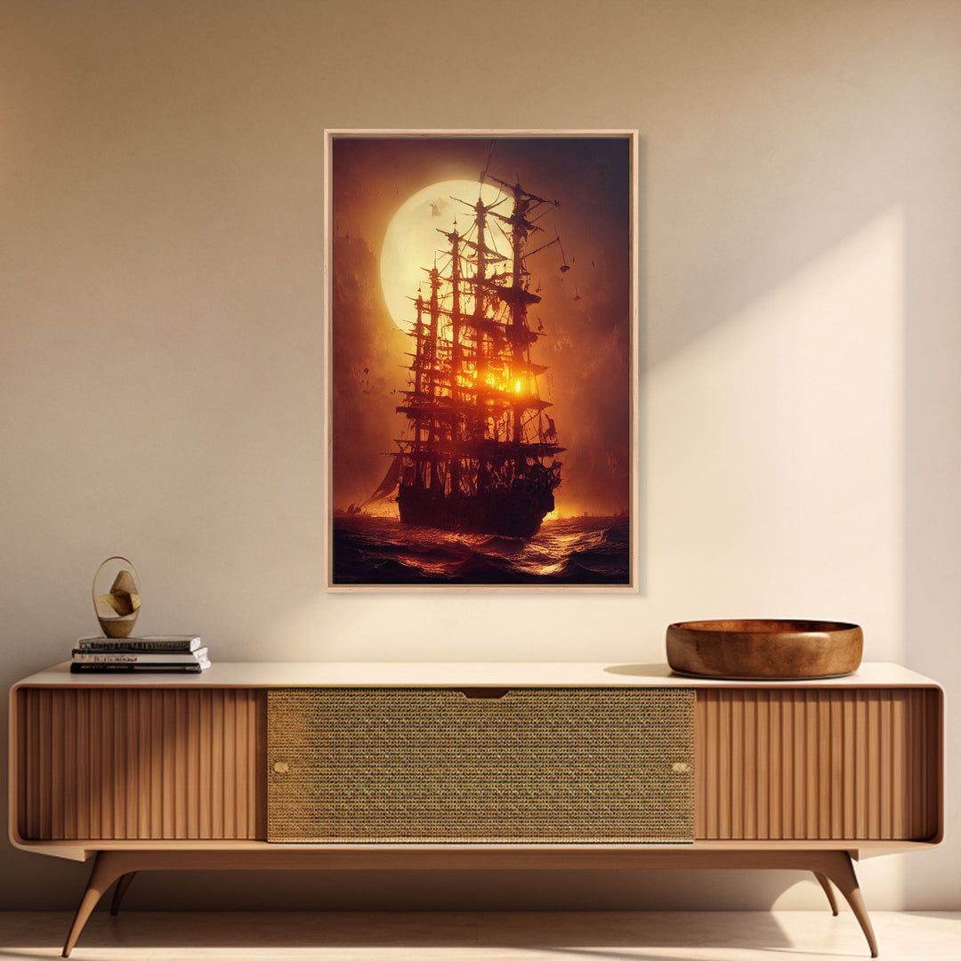 Ghost Ship and Full Moon, Spooky Pirate Ship Art, Framed Canvas Print, Ready To Hang Framed Wall Art, Living Room Wall Hanging