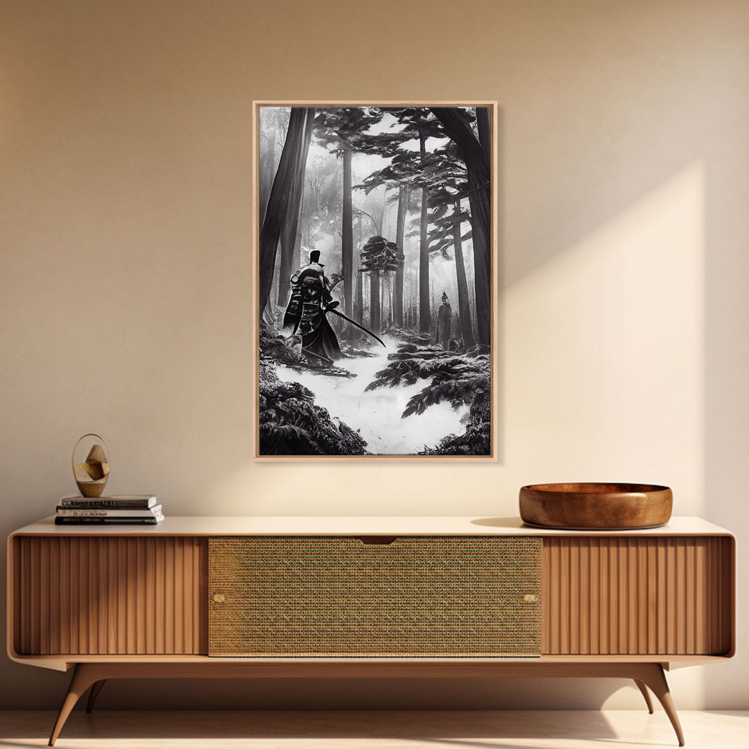 The Duel, Samurai Facing Off In The Forest, Black And White Art Framed Canvas Print, Ready To Hang Framed Wall Art, Living Room Wall Hanging