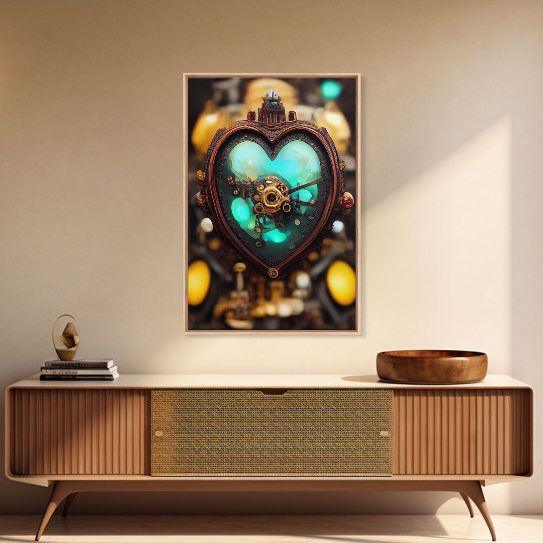 Steampunk Heart, Turquoise Crystal Heart, Framed Canvas Print, Ready To Hang Framed Wall Art, Living Room Wall Hanging