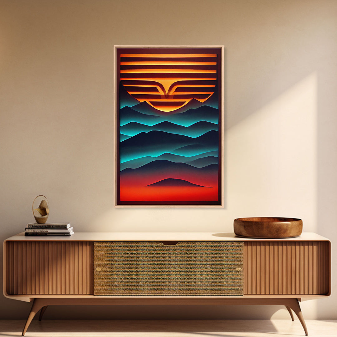 Retro Landscape Mountains Sunrise Sunset Colorful Fine Art Print, Red Blue Yellow Wall Poster