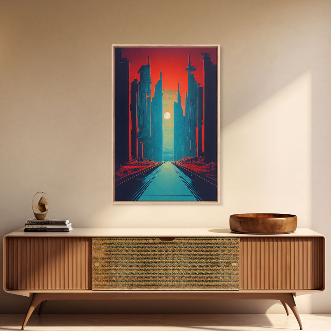 Brutalist Art Deco Dystopian City Art, Framed Canvas Print, Ready To Hang Framed Wall Art, Living Room Wall Decor