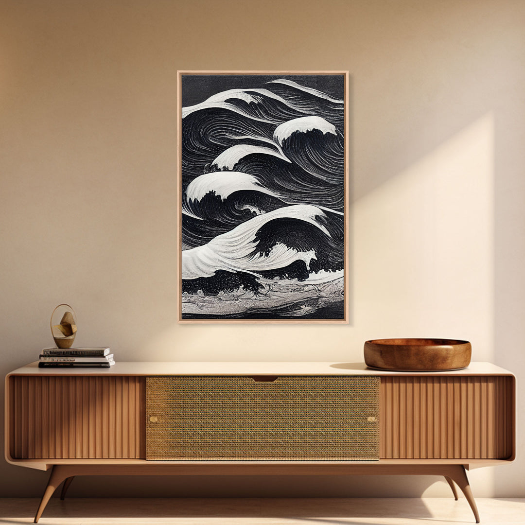 Black and White Tidal Waves, Japanese Style Art, Framed Canvas Print, Ready To Hang Framed Wall Art, Living Room Wall Decor