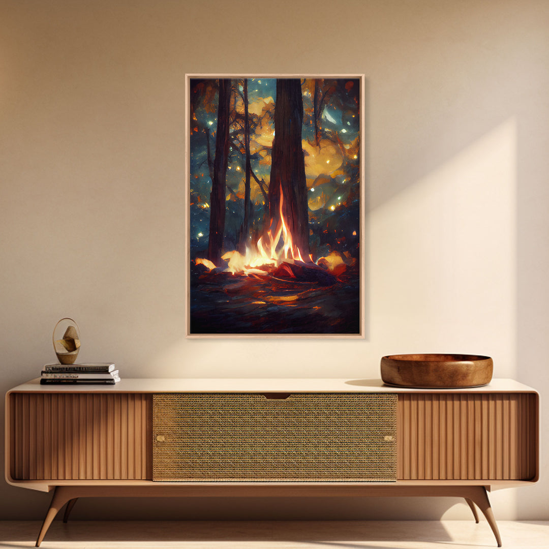 Night Stars Camp Fire In Woods Big Tree Wall Art, Fine Art Print, Wall Poster