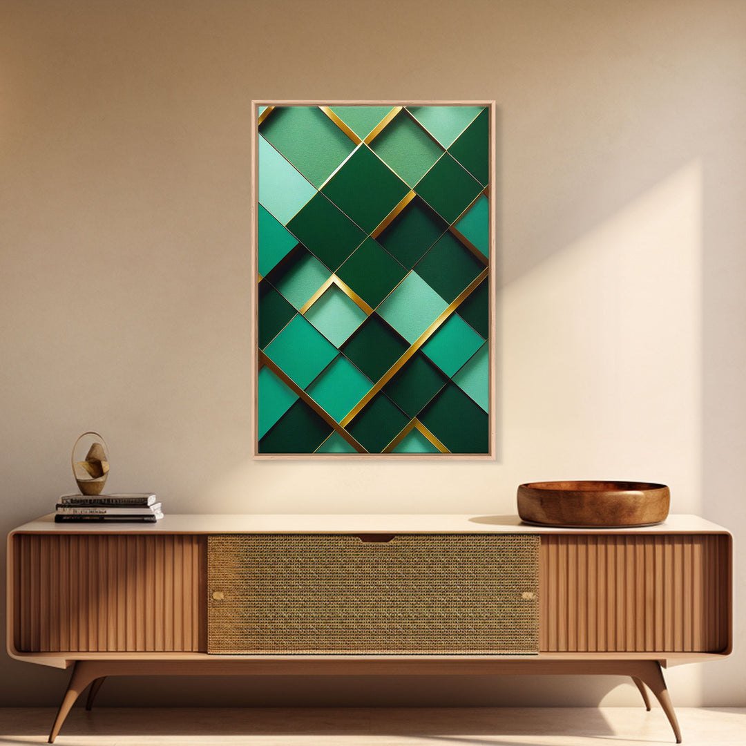 Emerald Green Geometric Abstract Art, Framed Canvas Print, Ready To Hang Framed Wall Art, Living Room Wall Hanging