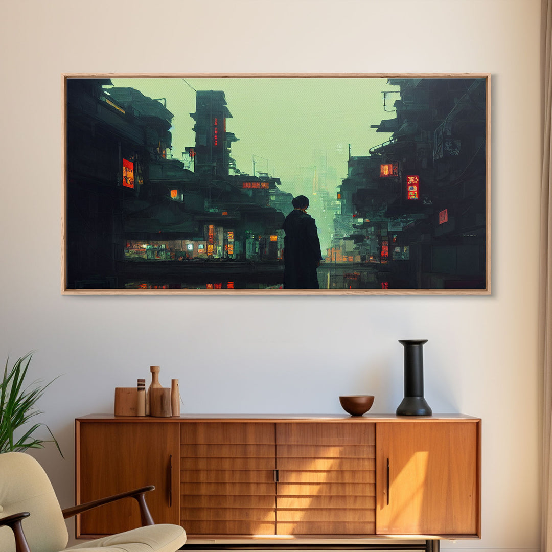 Japanese Style Cyberpunk City, Futuristic Cyberpunk Art, Framed Canvas Print, Ready To Hang Wall Art, Framed Wall Art, Hard Boiled