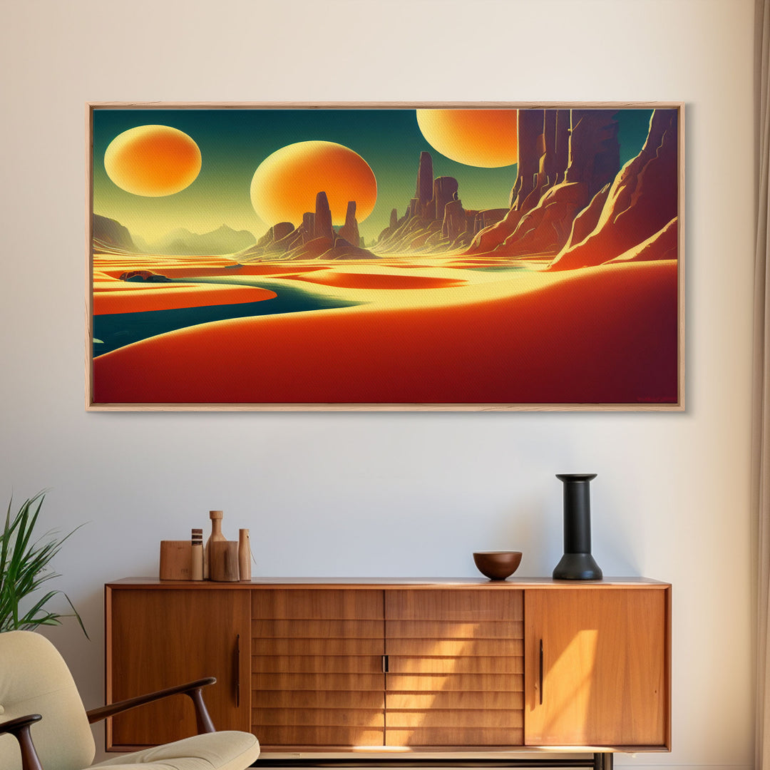 Trippy Art Deco Scifi Painting of an Alien World,  Wall Decor, Ready To Hang Framed Canvas Print, Oversize Wall Art