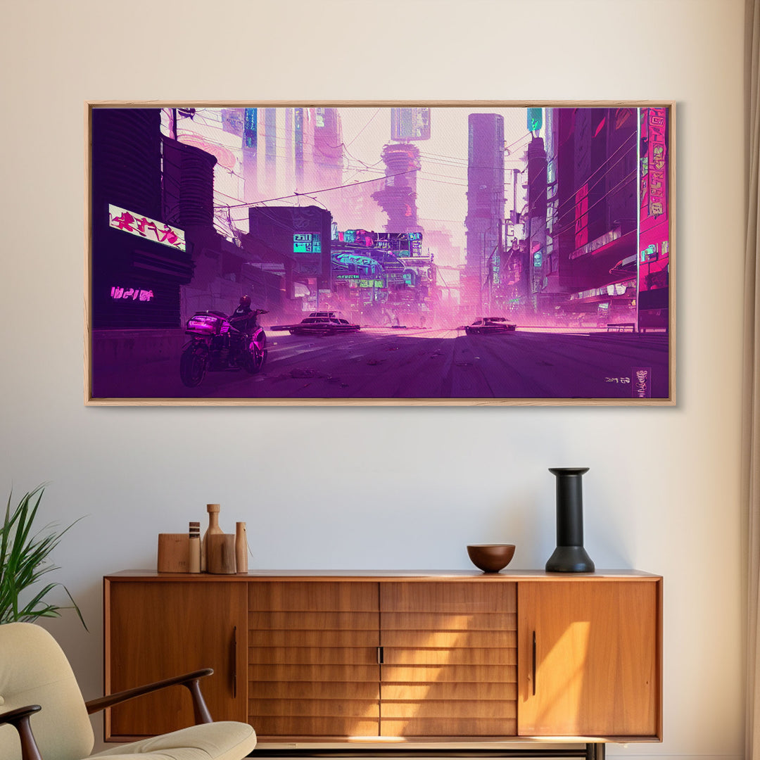 Cyberpunk Watercolor Tokyo Painting, Outrun Vibes Art, Wall Decor, Ready To Hang Framed Canvas Print, Oversize Wall Art