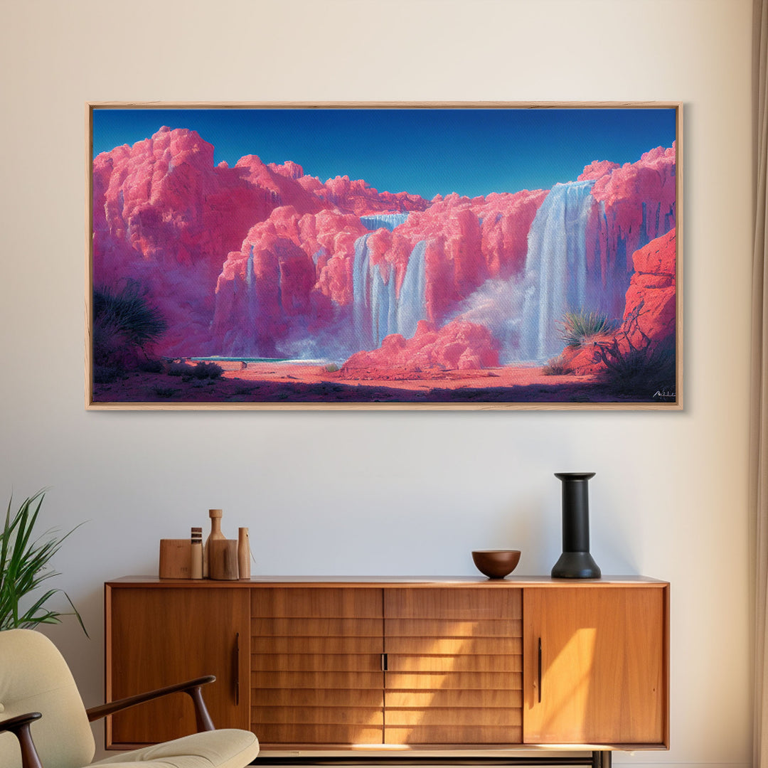 Psychedelic Pink Waterfall Art, Wall Decor, Ready To Hang Framed Canvas Print, Oversize Wall Art