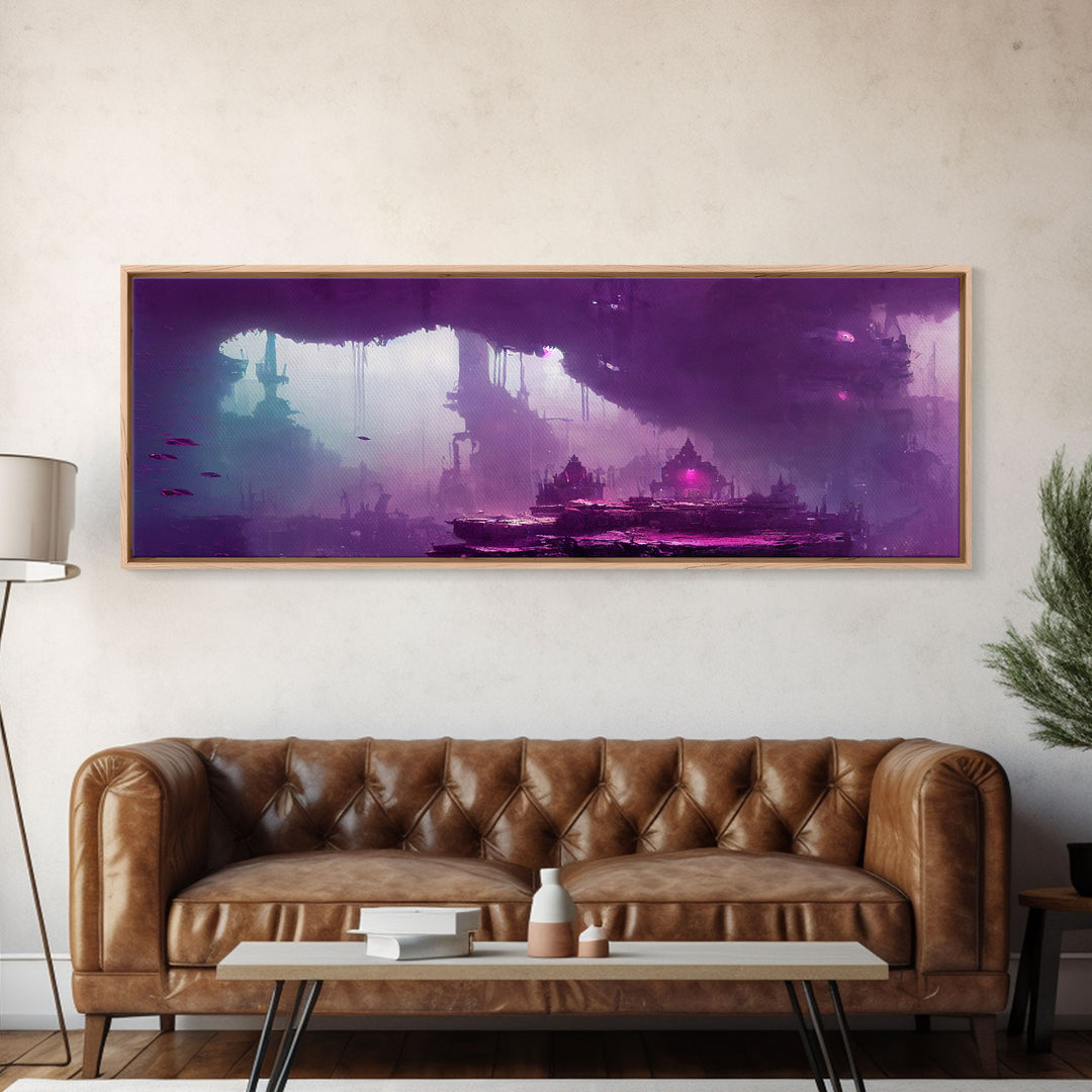 Panoramic Fantasy Underwater City, Purple Art, Extra Large Wall Art, Framed Panoramic Canvas Print, Framed Wall Decor