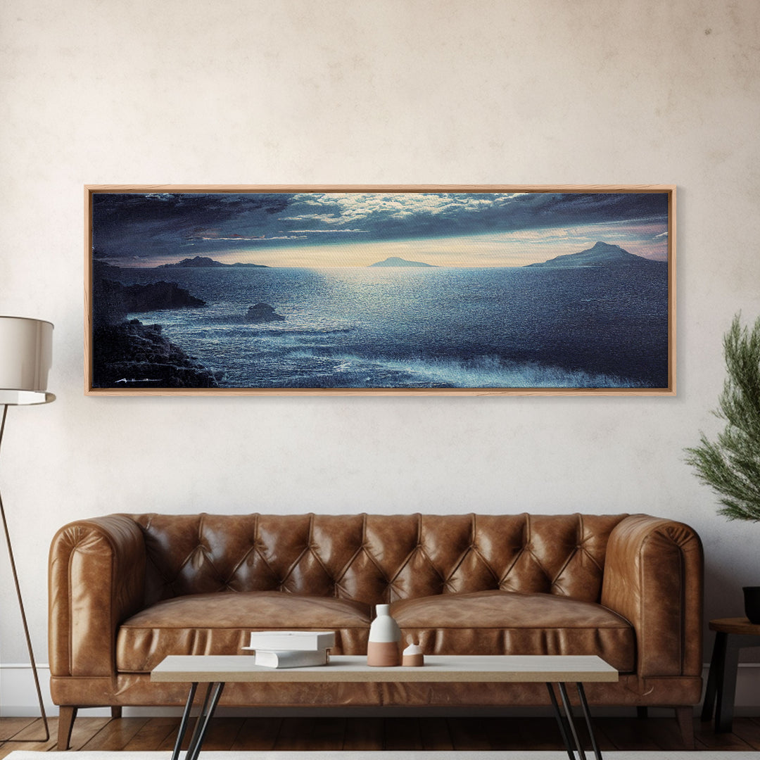 Storm Torrent Over A Steel Grey Sea, Gloomy Wall Art, Framed Ready To Hang Canvas Print