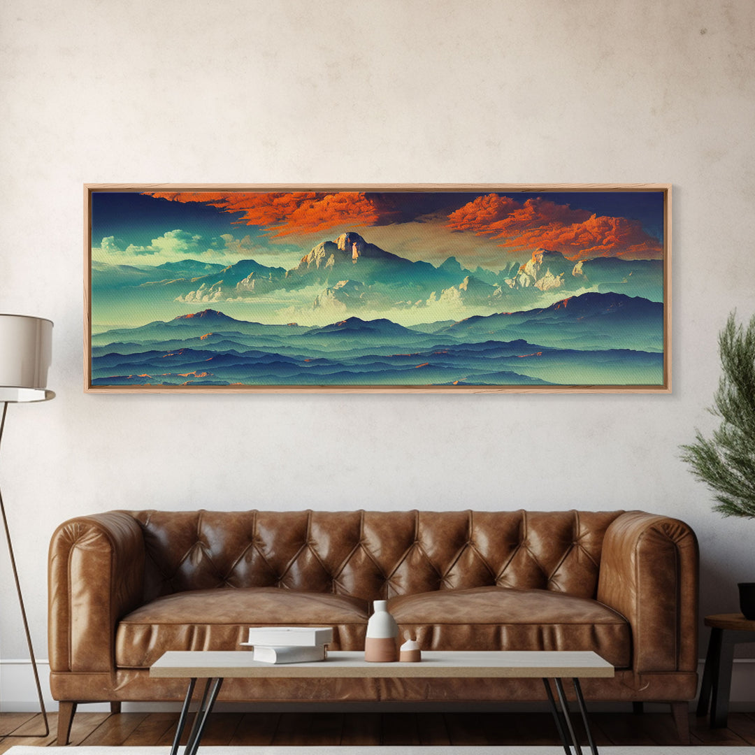 Beautiful Fantasy Mountain Landscape With Orange Clouds, Framed Canvas Print, Ready To Hang Panoramic Wall Decorr