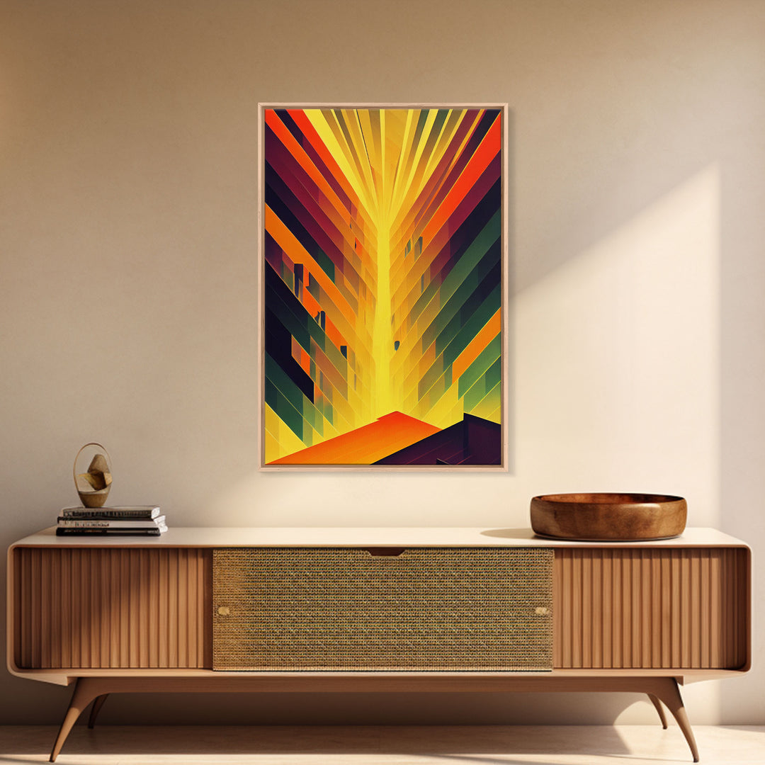 Unique art deco style abstract art, reflections of a sunset through stained glass, framed canvas print