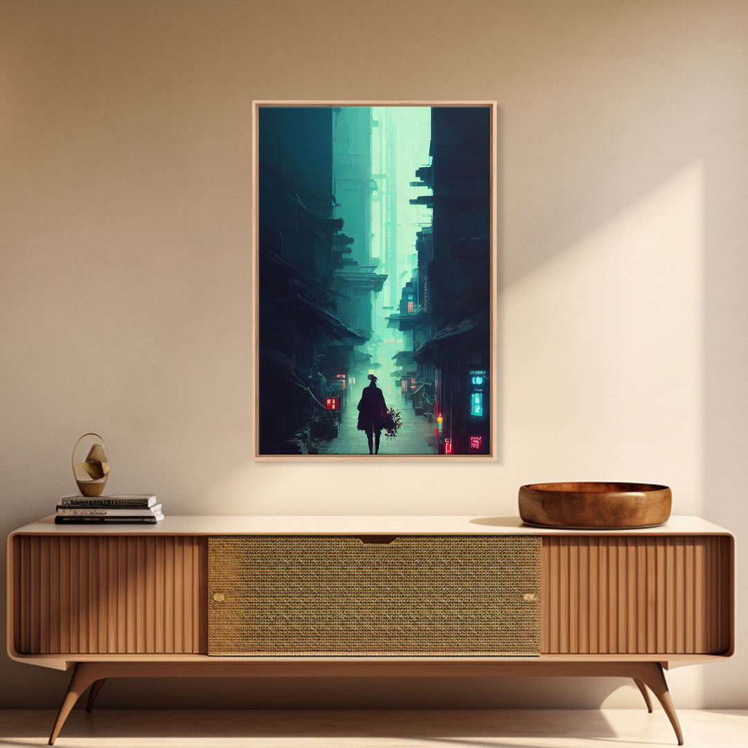 Cyberpunk Tokyo, 80s style retro-futurism, blade runner inspired art, ready to hang framed canvas print wall decor