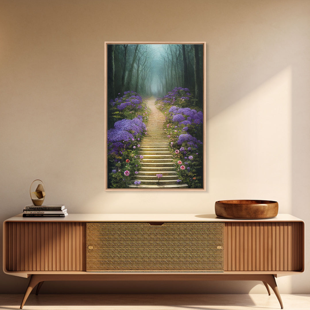 Lavender Lined Stairs Leading To The Haunted Forest, Fantasy Wall Art, framed canvas print, framed art