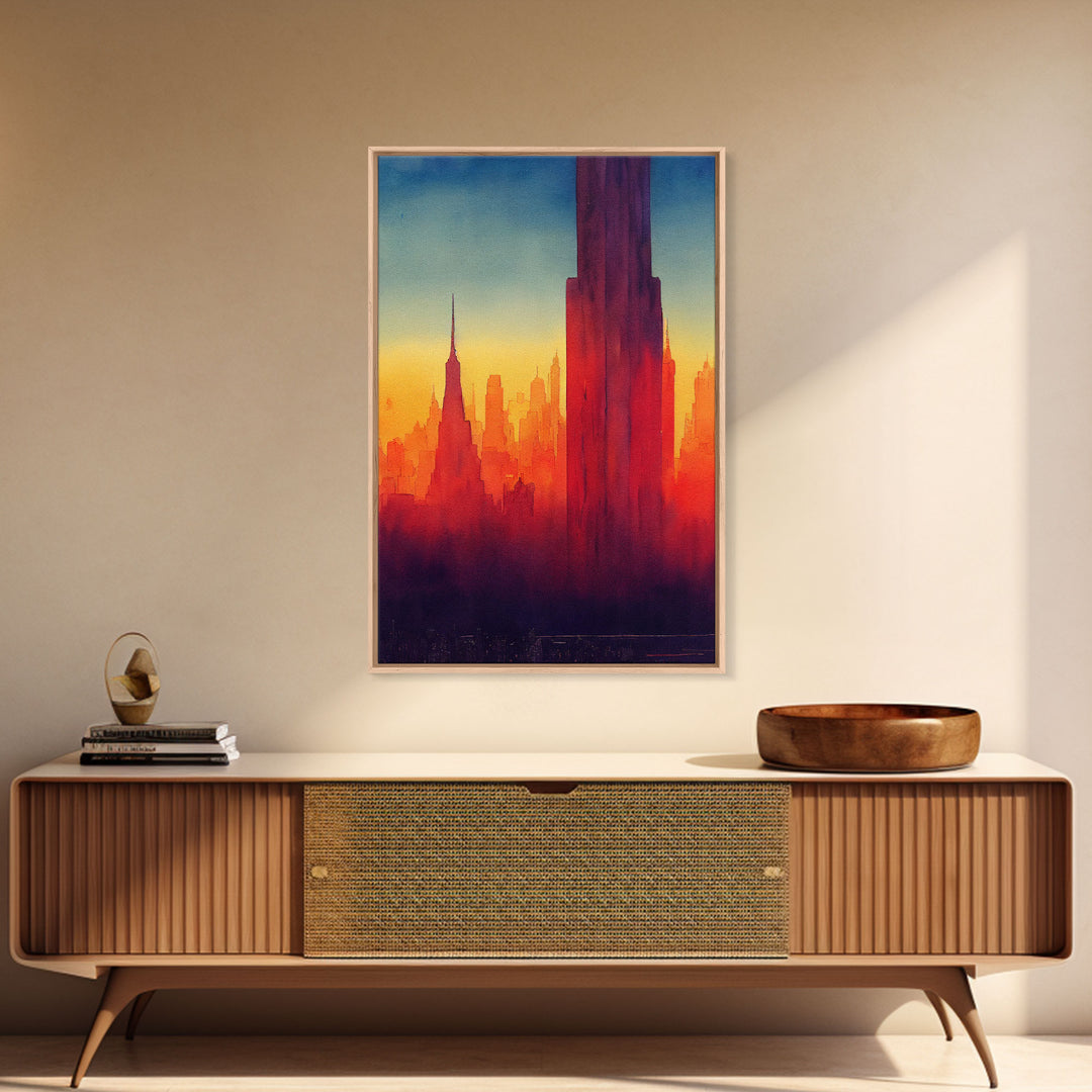 Chicago at sunset concept art, synthwave style, framed canvas print, ready to hang wall art with frame