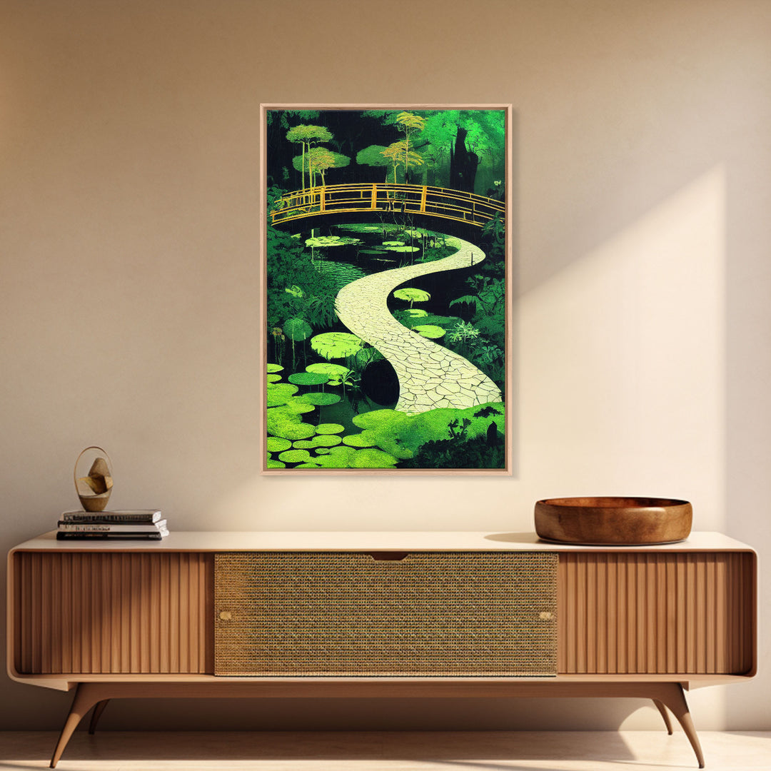 Emerald green Japanese zen garden art, framed canvas print, abstract art