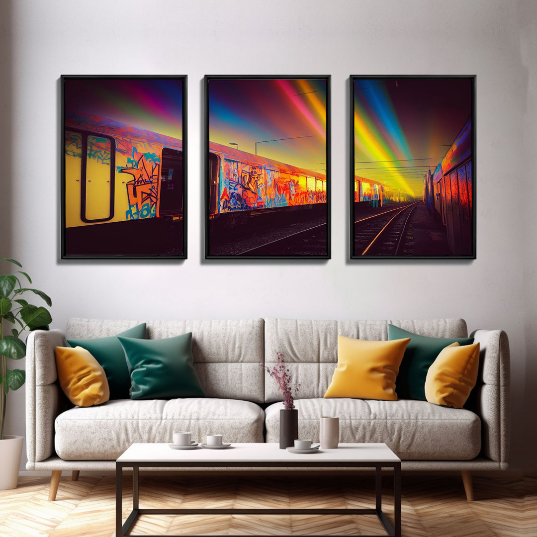 Urban graffiti, graffiti covered train cars, urban art, 3 piece canvas, 3 piece wall art, synthwave dystopian art