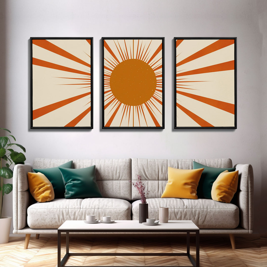 Sun Print Set Of 3, Framed Canvas Prints, Boho Minimalist Midcentury Modern Wall Art, Geometric Sun Print, Nursery Boho Style Decor