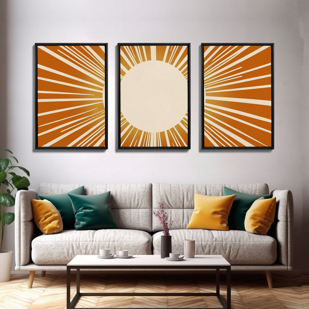 Sun Print Set Of 3, Framed Canvas Prints, Boho Minimalist Midcentury Modern Wall Art, Geometric Sun Print, Nursery Boho Style Decor Triptych