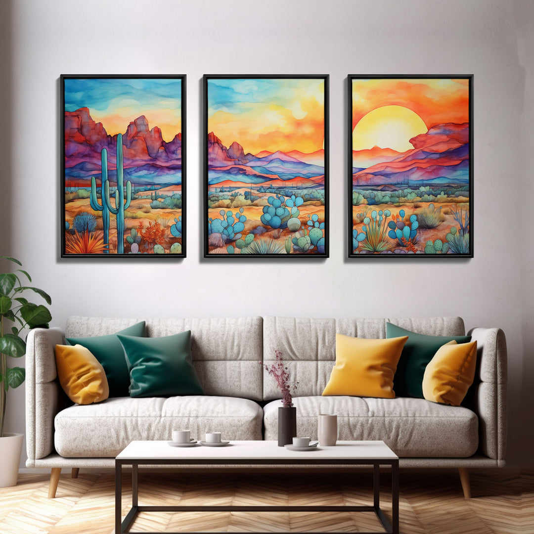 Southwestern Room Decor, Retro Desert Art, Set Of 3, Framed Canvas Prints, Wall Decor, Nursery Decor, Living Room Decor, Home Decor