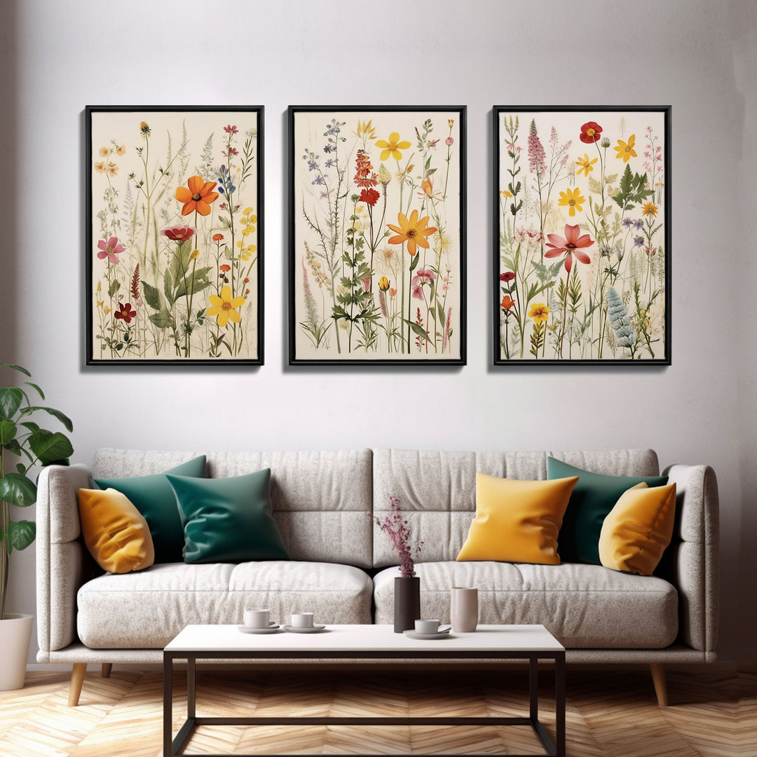 Framed Canvas Wall Art Set, 3 Piece Art, Watercolor Wildflowers Floral / Botanical Print, Minimalist Wall Art, Boho Decor, Colorful Art