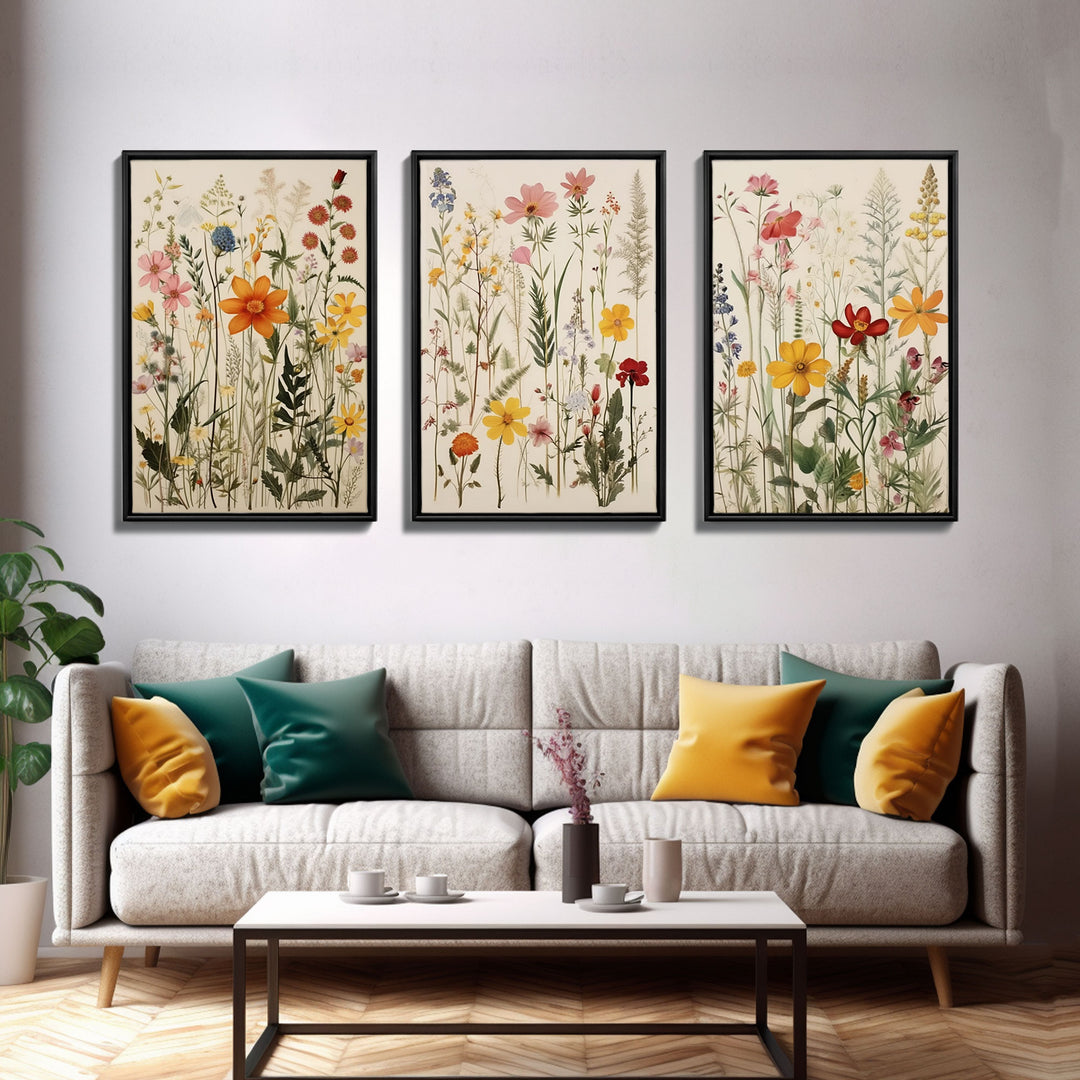 Boho Framed Canvas Wall Art Set, 3 Piece Art, Watercolor Wildflowers Floral / Botanical Print, Minimalist Wall Art, Boho Decor, Colorful Art