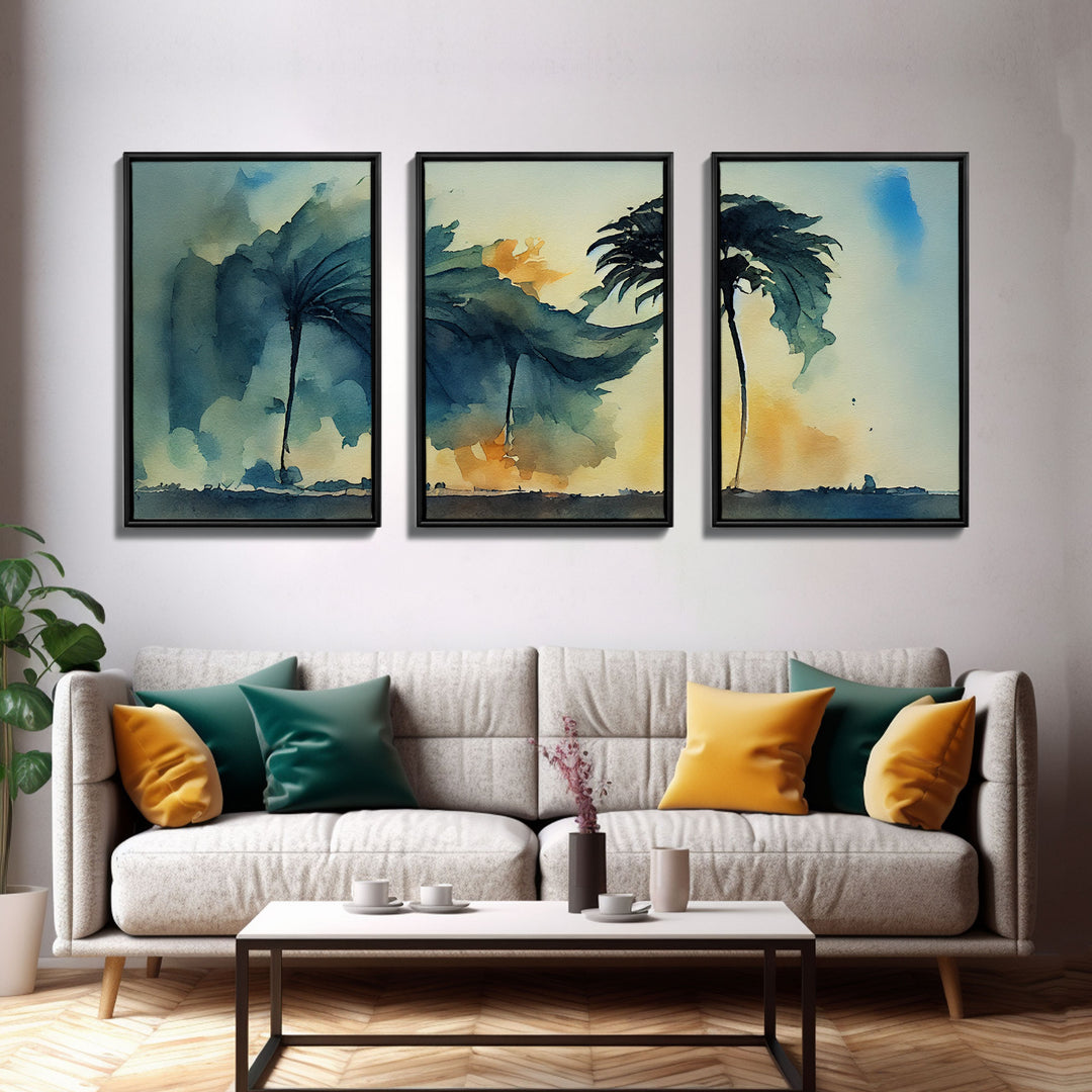 Watercolor of a palm tree blowing in a hurricane, storm art, 3 piece canvas print, 3 piece wall art