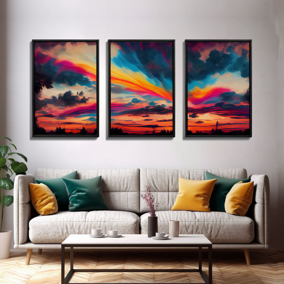 Psychedelic sunset, beautiful colorful wall art, 3 piece canvas print, three piece wall art, living room above the couch art, sun rise art