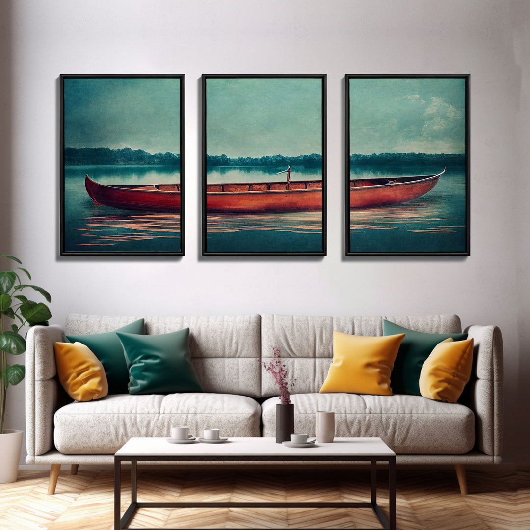 Skiff on the lake, Abandoned canoe, lake house art, 3 piece canvas, 3 piece wall art, cool unique living room art