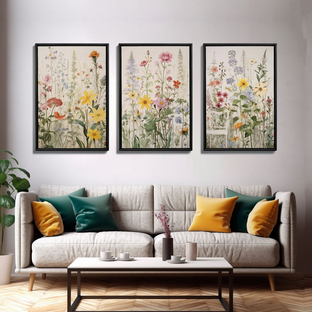 Framed Canvas Wall Art Set, Watercolor Wildflowers Floral Botanical Prints, Minimalist Modern Art Boho Wall Decor, Flower Art, Nursery Decor