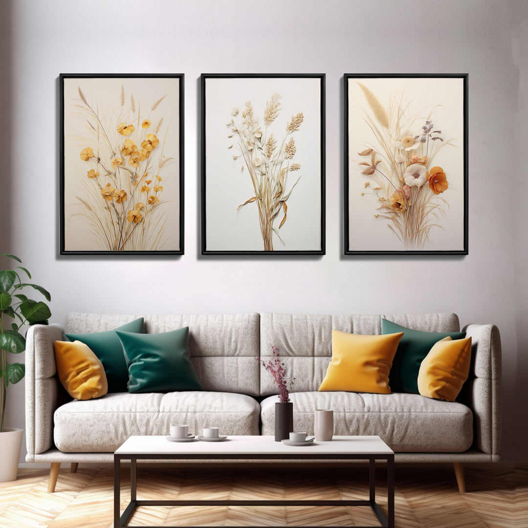 Rustic Framed Canvas Wall Art Set of 3, Modern Farmhouse Decor, Botanical Prints, Neutral Colors, Minimalist Art, Boho Farmhouse Decor