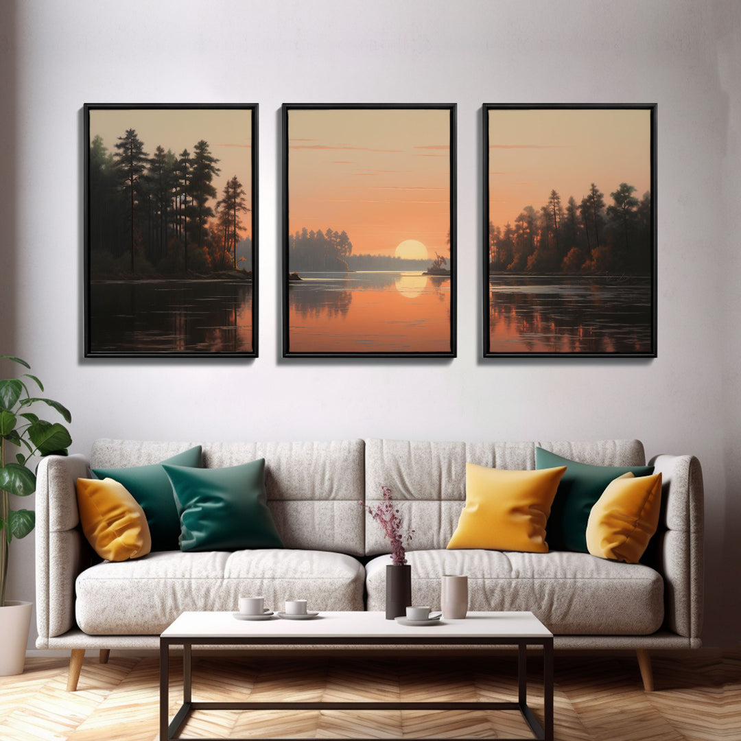 Sunset Over The Lake, Framed Canvas Print 3 Panel Set, Landscape Oil Painting, Original Art, Office Decor, Gift For Boss, Lake House Art