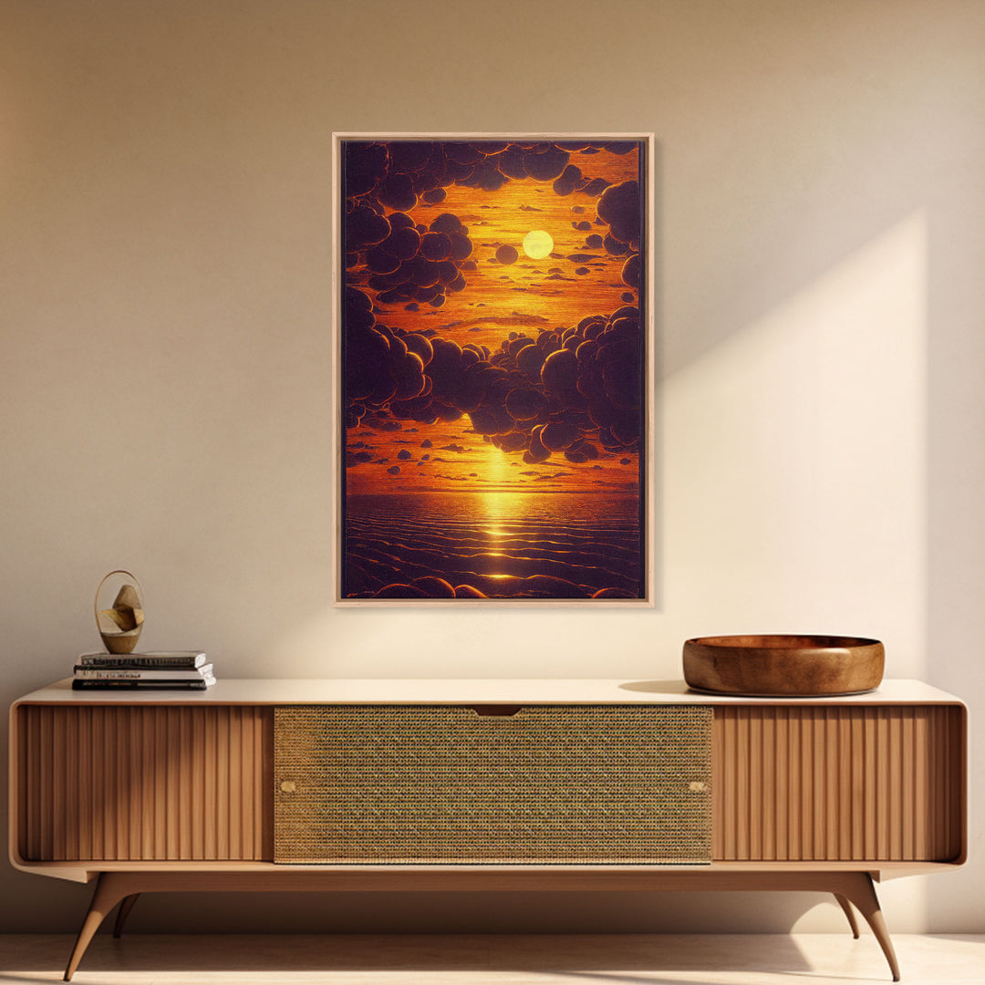 Orange Sunset, Psychedelic Sepia Sunset Art, Framed Canvas Print, Ready To Hang Framed Wall Art