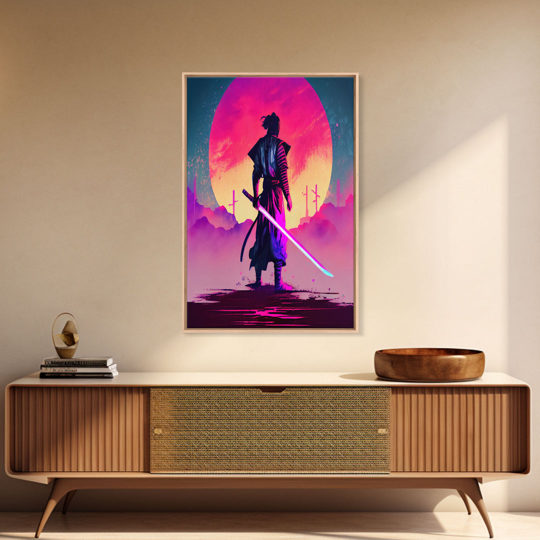 Synthwave Samurai, Cyberpunk Samurai Art, Framed Canvas Print, Ready To Hang Framed Wall Art