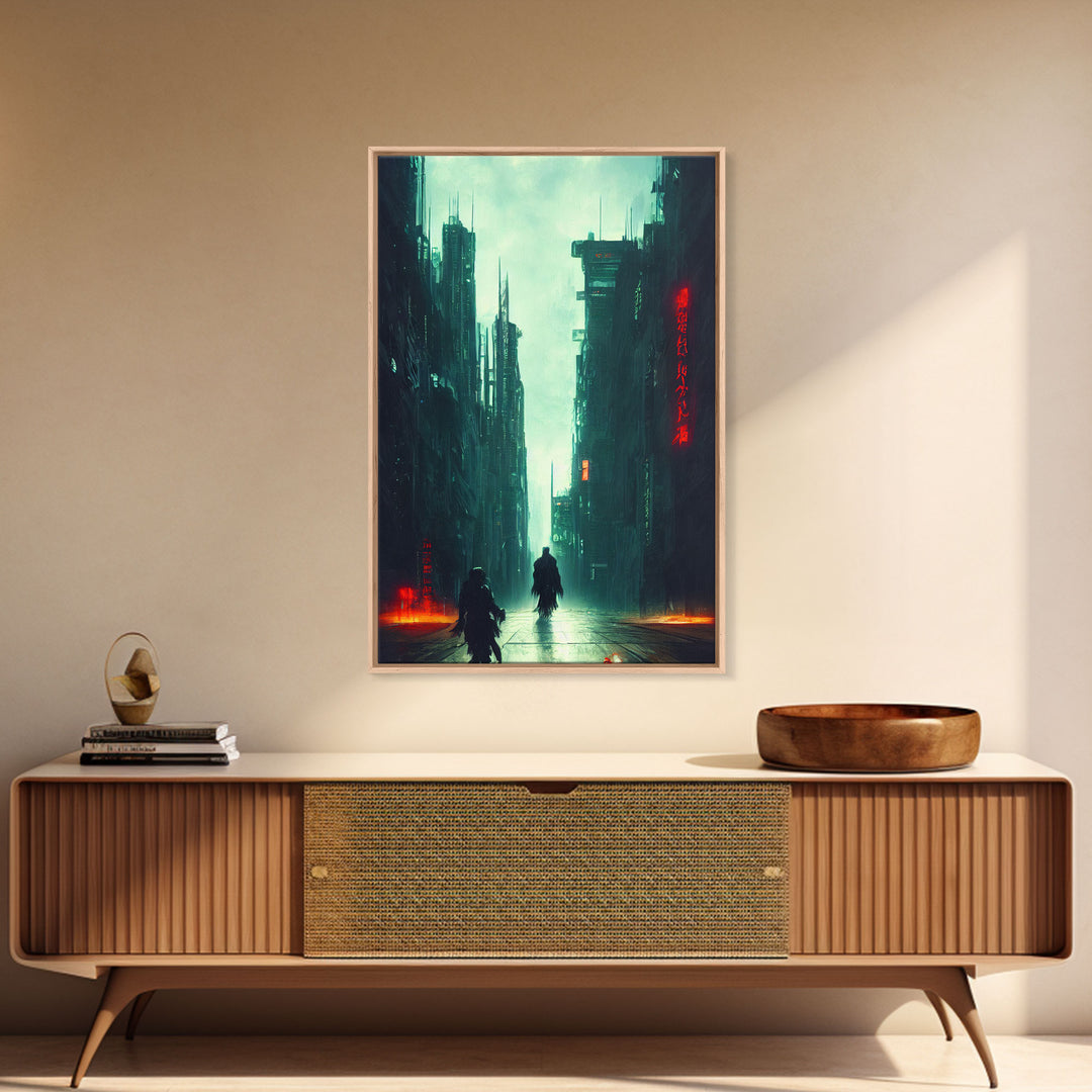 Cyberpunk Demon Art, Demon in the streets of Tokyo, Framed Canvas Print, Ready To Hang Framed Wall Art