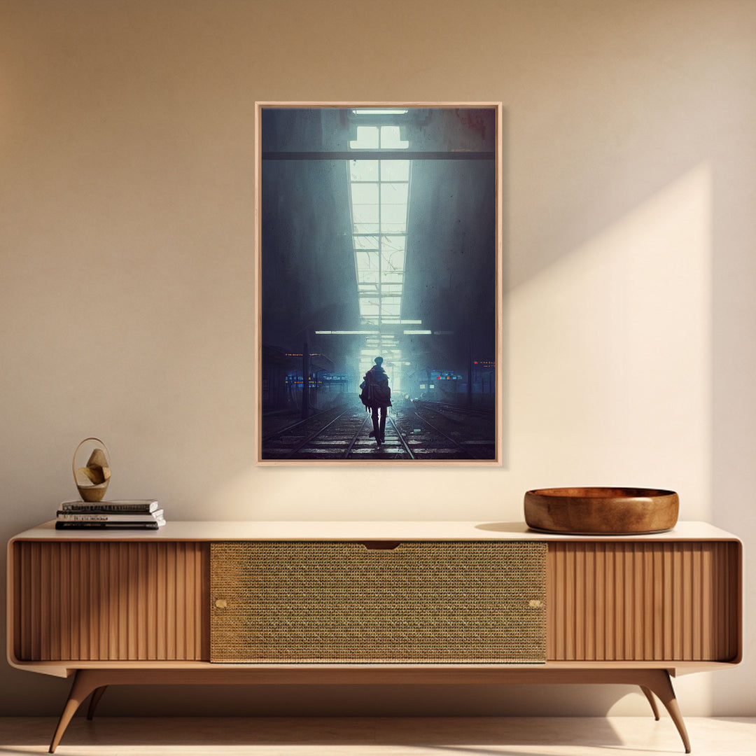 Cyberpunk Android In An Abandoned City, Dystopian Post Apocalyptic Art, Framed Canvas Print, Ready To Hang Framed Wall Art, Living Room