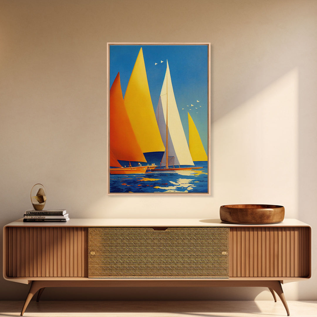 Golden Art Deco Sailboats in the Sun, Lakehouse Decor, Framed Canvas Print, Ready To Hang Framed Wall Art, Living Room Decor